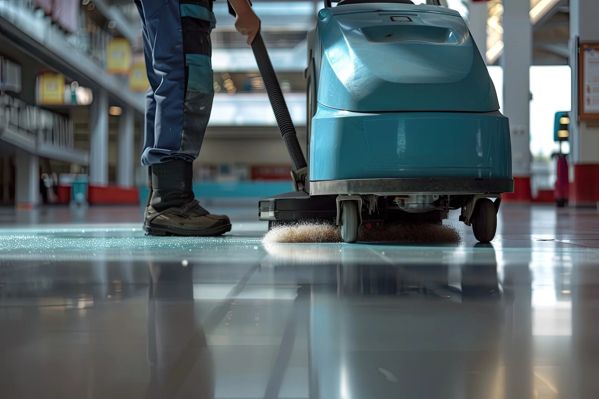 man using floor cleaning machine clean floor, Travertine Floor Restoration in Miami, Travertine Floor Restoration Miami
