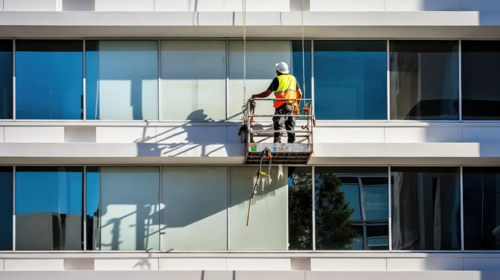 window cleaner work highrise building facade, Construction Dust Removal in Miami